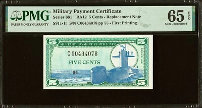 Series 681 Military Payment Certificate MPC 5¢ PMG 65 EPQ *Replacement Note!* - Image 1 of 2