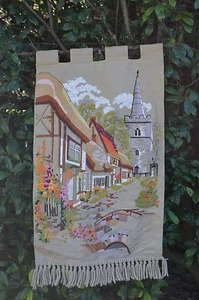 English Village Scene Church Crewel Wall Hanging linen Antique BARLEY TWIST ROD - Picture 1 of 8