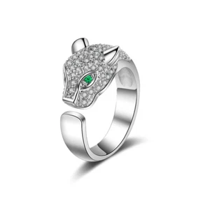 Silver Leopard Jaguar Green Eyes Pave Cubic Zirconia Adjustable Band Ring - Picture 1 of 3