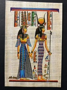 Seltener ägyptischer Papyrus Handarbeit - Königin Isis und Hathor 12 x 8 Zoll - Bild 1 von 6