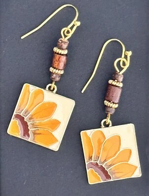 Beautiful Golden Sunflower and Wooden Bead Earrings. Fall. Bloom - Image 1 of 3