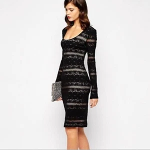 NEW BCBG MAX AZRIA BLACK TANYA LONG SLEEVE LACE NUDE LINING SMALL $198 - Picture 1 of 8