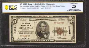 1929 $5 THE AMERICAN NATIONAL BANKNOTE LITTLE FALLS MINNESOTA PCGS VF 25 (098A) - Picture 1 of 2