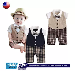 Newborn Baby Boy Gentleman Clothes Bowtie Short Sleeve Shirt Jumpsuit Outfit Set - Picture 1 of 14