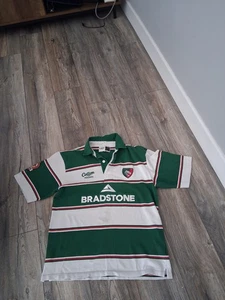 Camicia commercianti cotone Leicester Tigers verde medio rosso casa righe 2007/2008 - Foto 1 di 5