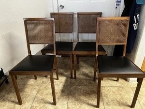 Set 4 Vtg MCM Lorraine Leg-O-Matic Wooden Folding Chairs Cane Back Black Vinyl - Picture 1 of 3