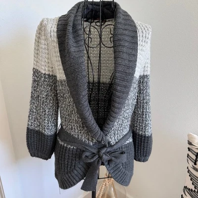 BCBGMAXAZRIA Gray Striped Tie-Waist Shawl Collar Cardigan Sweater- Small - Image 1 of 4