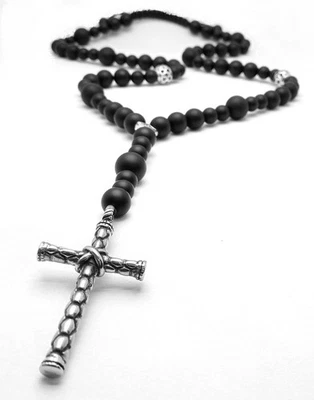 Collana onice pietra opaca perle ciondolo croce acciaio inox regalo di Natale - Immagine 1 di 4