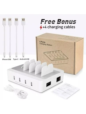 Multifunktionale USB-Ladestation mit 4 Ports und 4 Ladekabel für Handy Laptop - Bild 1 von 4