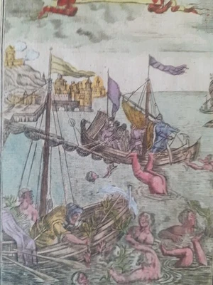 Diving for coral by mallet original print 17th century  1683 Foto 1 de 4