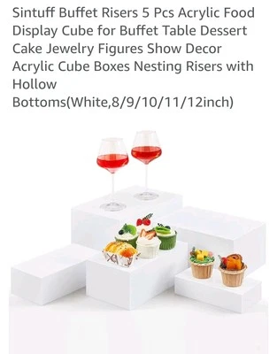 Elevadores de buffet de acrílico blancos resistentes - Incluye letreros de mesa para exhibidores 5 piezas Foto 1 de 4