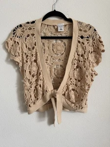 Vintage Y2K Beige Häkel Strick Bolero Tie Front Crop Top Old Navy XL - Bild 1 von 3
