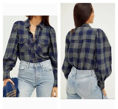 We The Free button down flannel shirt ballon sleeves blue green plaid medium - Image 1 of 4