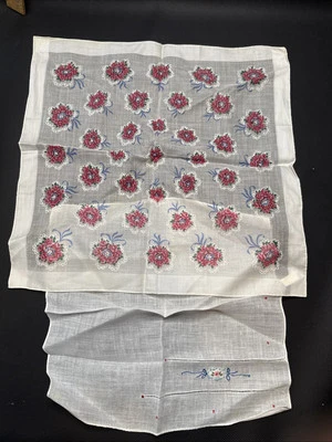 Vintage Handkerchief Printed Flowers By Burnel W/ Tag + Embroidered Linen MCM - Image 1 of 4