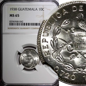 GUATEMALA Silber 1938 L 10 Centavos Royal British Mint NGC MS65 KM# 239.2 (42) - Bild 1 von 5