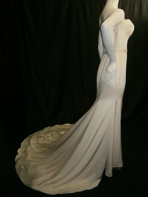 Paloma Blanca Wedding Dress 10 Ivory Satin Mermaid Illusion Lace Overlay Pearls - Image 1 of 4
