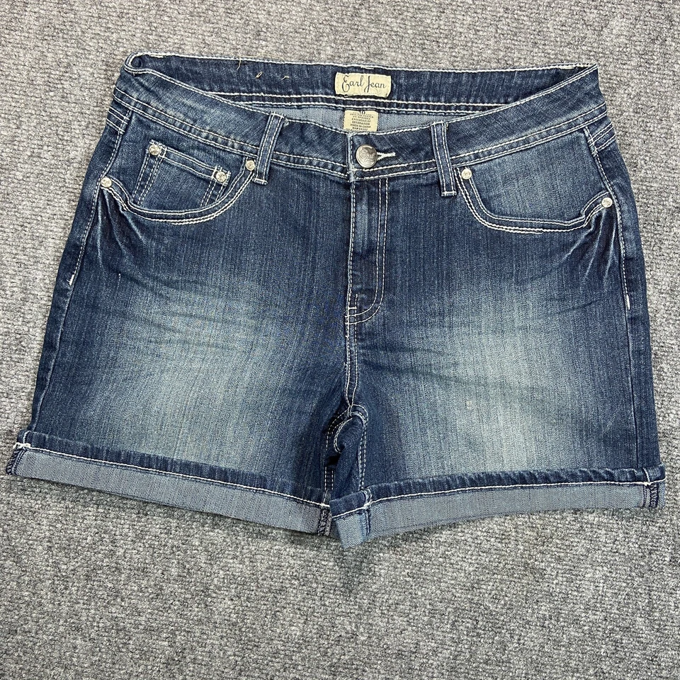 Earl Jean Denim Shorts Womens Size 10 Thick Stitch Rhinestones Cuffed Pockets  - Image 1 of 4