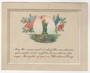 1918. Christmas AEF Card. Statute of Liberty with US and French Flags. - Picture 1 of 2