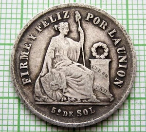PERU 1875 YJ 1/5 de SOL, Seated Liberty 0.900 SILVER yes we do combine postage - Picture 1 of 6