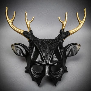 Cuerno de Ciervo Dorado con Cordones Diablo Halloween Disfraz Mascarada Máscara Negra - Imagen 1 de 5