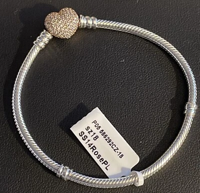 Nuevo Pandora Plata de Ley 14k Chapado en Oro Rosa Circonita cúbica Cierre de Corazón Pulsera Talla 7.1 Foto 1 de 4