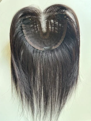 6"x5.5"Traceless Lace Part 100% Human Hair Topper Clip in Dark Yellow Brown 10" - Image 1 of 4