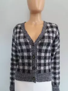 Christian Dior Navy/Gray Plaid Cashmere/Alpaca/Silk Cardigan Sweater F 34/US 2 - Picture 1 of 12