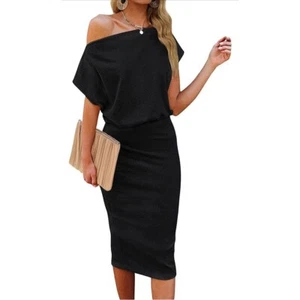 NEW Black Off The Shoulder Midi Dress Ribbed M 6/8 - Picture 1 of 4