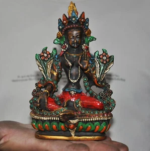 6'' Tibet temple silver filigree painted Agate Dzi Beads gem green Tara Kwan-Yin - Picture 1 of 9