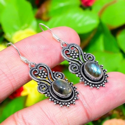 Natural Labradorite Gemstone Handmade 925 Sterling Silver Earring 1.77" Gift r57 - Image 1 of 4