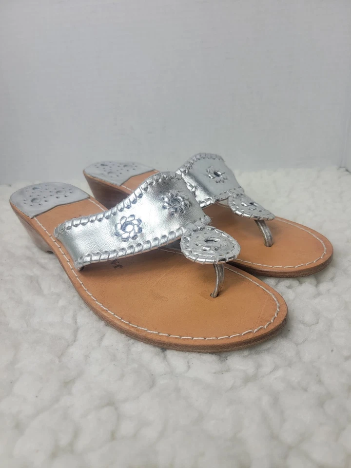 Jack Rogers Jacks Flip Flop Women's Semi Wedge Size 9M Sandal Platinum Leather  - Image 1 of 4