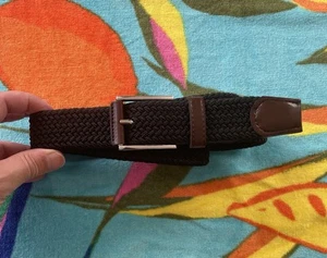 Men's Black Size 28"-34" Stretch Braided Web Adjustable Faux Brown Leather Belt - Picture 1 of 9