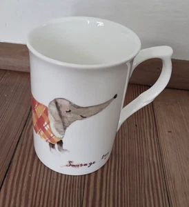 Rose Of England Wurst Hund Becher Tasse Dackel orange kariert rot weiß Bone China - Bild 1 von 4