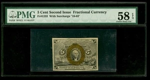 5 Cent Second Issue Fractional Currency PMG 58 EPQ Fr# 1233 About Uncirculated - Picture 1 of 4
