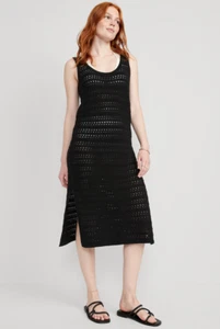 OLD NAVY black cotton crocheted dress/cover up fishnet side slits M - Picture 1 of 5