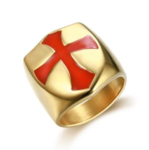 Red Enamel Cross Crusades Knights Templar Shield Ring Stainless Steel Gold Ring - Picture 1 of 5