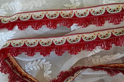 Vintage Jacquard SILK Embroidered Floral Ribbon Deep Red Looped Scalloped Trim - Image 1 of 4