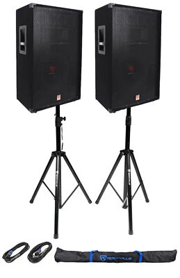 (2) Rockville RSG15 15” 3-Way 1500 Watt 8-Ohm DJ PA Speaker +Stands +Cables - Image 1 of 4