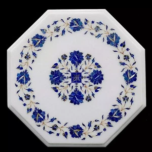 12" Unique Marble Coffee & Side Table Top Lapis Inlay Semi Precious Handmade Art - Picture 1 of 8
