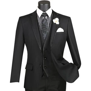 VINCI Men's Black 3pc 2 Button Slim Fit Tuxedo Suit w/ Matching Vest NEW - Picture 1 of 4
