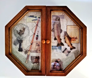 Fishing Shadow Box Key/ Jewelry Holder Brass Hooks Fly Fish Rod Rock Bass Net - Picture 1 of 8