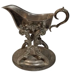 Vtg Silverplate on Brass 2Pc Tilting Gravy Sauce Boat w/Warming Stand Victorian - Picture 1 of 10