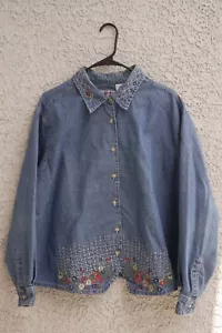 Vintage Women's Billblass Jean Shirt, Flower Embroidered - Picture 1 of 6