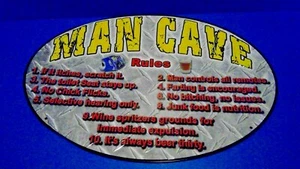 MAN CAVE RULES METAL SIGN GARAGE DIAMONDPLATE ROUND OVAL 2013 OUTDOOR 17" X 12" - Picture 1 of 10