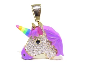 14k Solid Yellow Gold 1.00ct White Diamond Unicorn W/ Colorful Enamel Charm - Picture 1 of 9