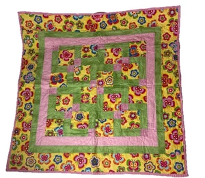 "Manta de regazo edredón hecha a mano colgante de pared rosa verde amarillo mariposas 37"" cuadrada" - Imagen 1 de 5