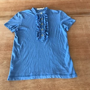 Tory Burch Lidia Ruffle Polo Shirt Women S Blue 1/4 Button Up Short Sleeve - Picture 1 of 13