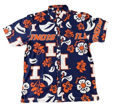 Wes and Willy Mens Illinois Illini College Blue Hawaiian Shirt Floral Large NWT - Image 1 of 4