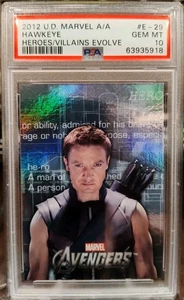 2012 UPPER DECK MARVEL AVENGERS ASSEMBLARE EROI/CATTIVI #E-29 HAWKEYE PSA 10 - Foto 1 di 2