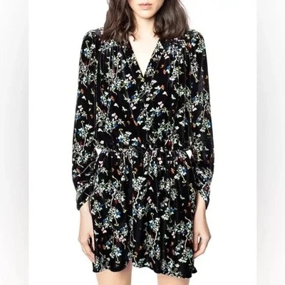 ZADIG & VOLTAIRE Silk Viscose Reveal Velvet Blossom Dress XS in Black Floral - Image 1 of 4